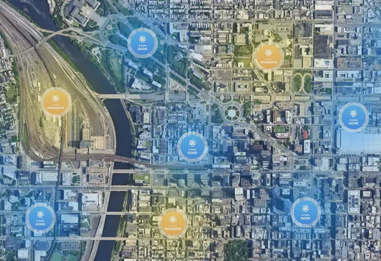 Overhead view of a city with Aethair city-wide air quality monitoring.