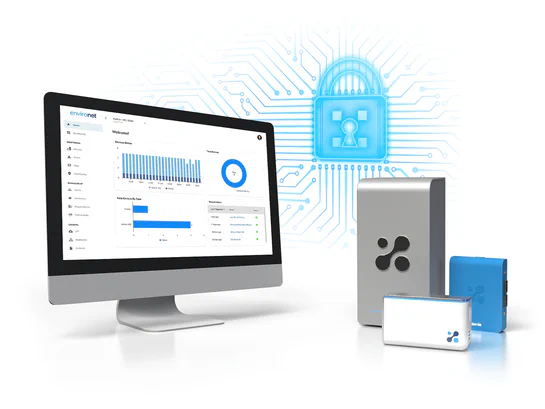 Aethair Environet displayed on a computer beside Aethair IAQ, Aethair PRO, and Aethair Thiamis, with a digital data security lock in the background.