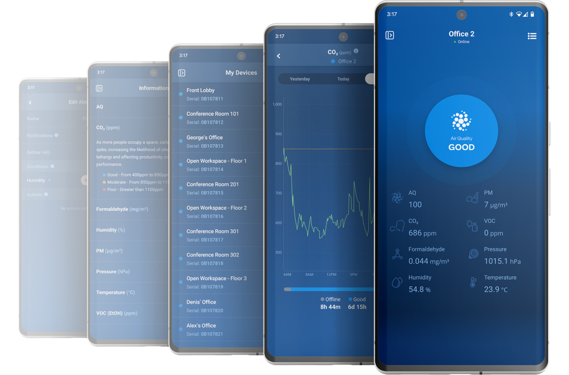 Various screens of the Aethair mobile app.