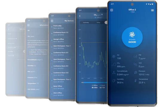 Various screens of the Aethair mobile app.