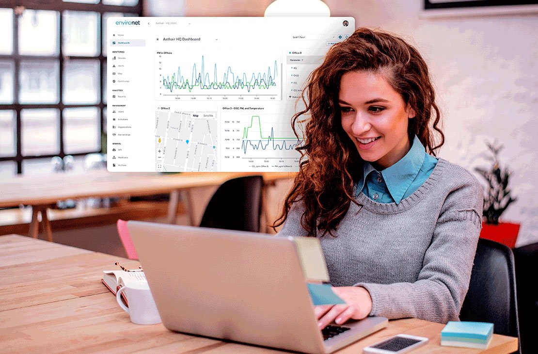 Woman using Environet on her laptop with real-time data, graphs, and maps displayed behind her.