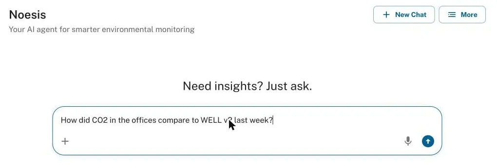 Noesis in Environet, with the question “How did CO2 in the offices compare to WELL v2 last week?” typed in.