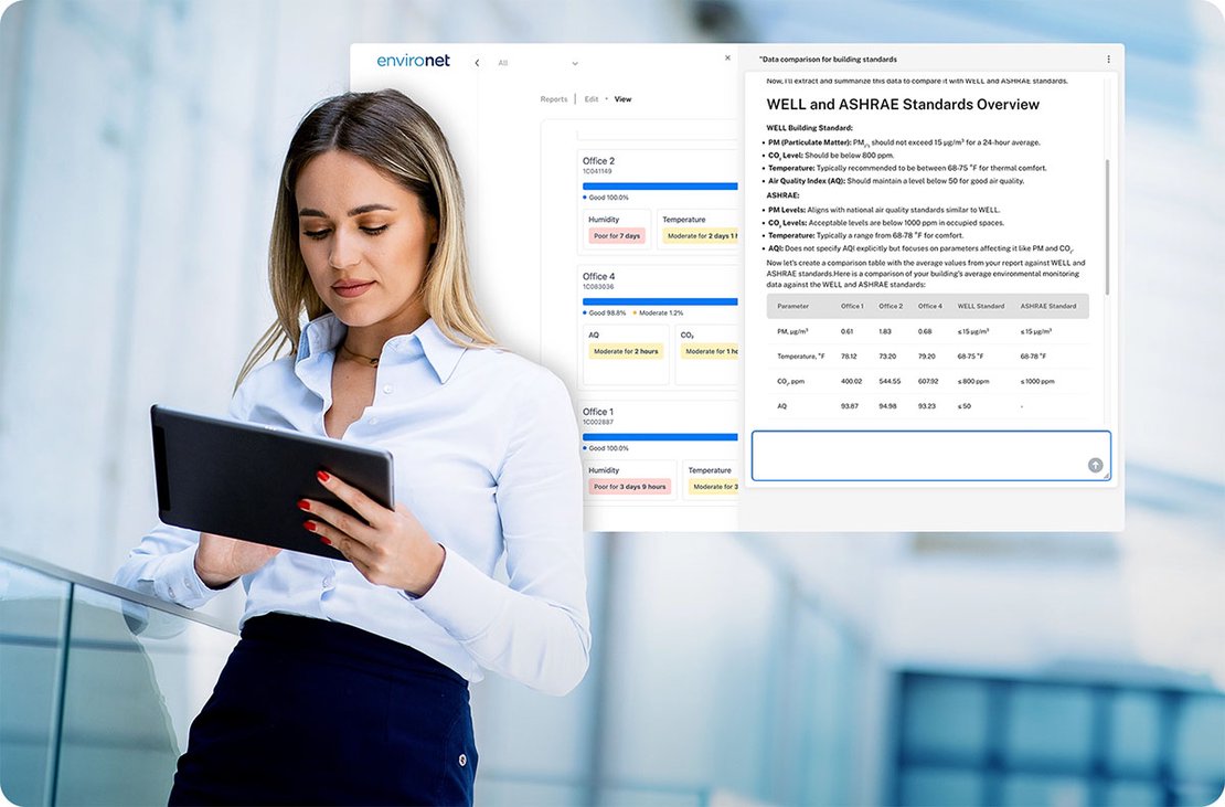 Woman reviewing environmental data on a tablet using Aethair’s Noesis AI tool, with the Environet interface displayed behind her.