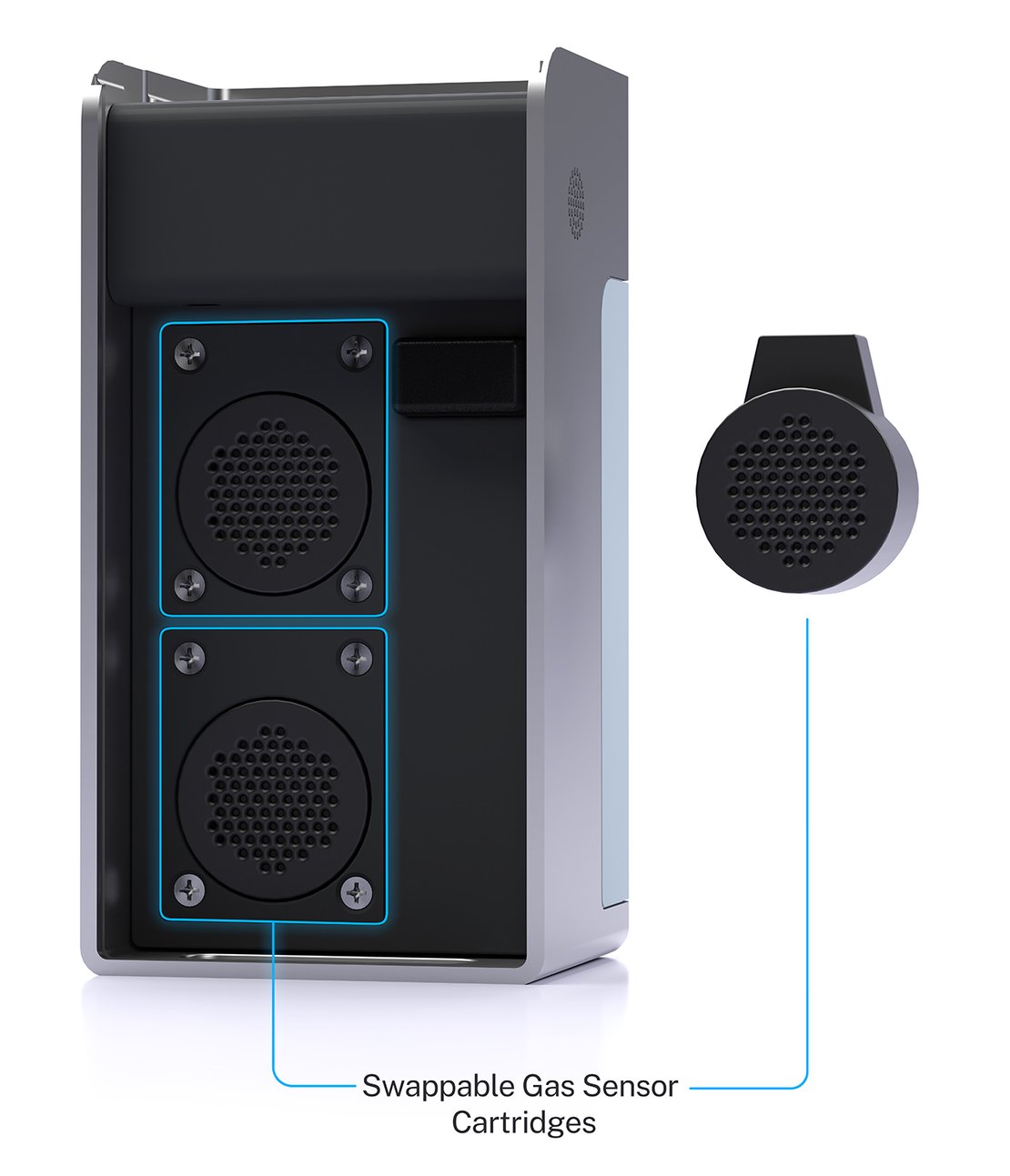 Aethair PRO with the cover removed, revealing the swappable gas sensor cartridges.