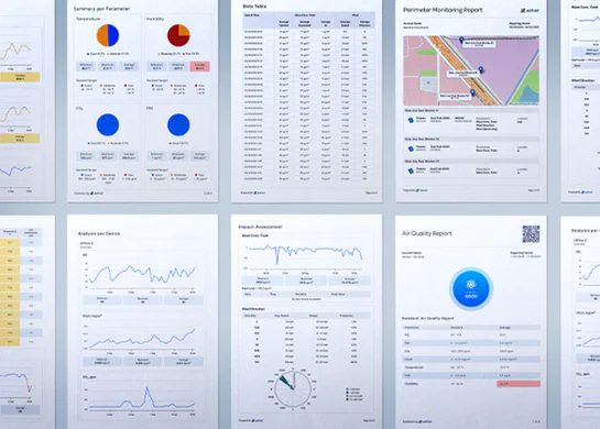 Various pages of Aethair air quality and perimeter monitoring reports.