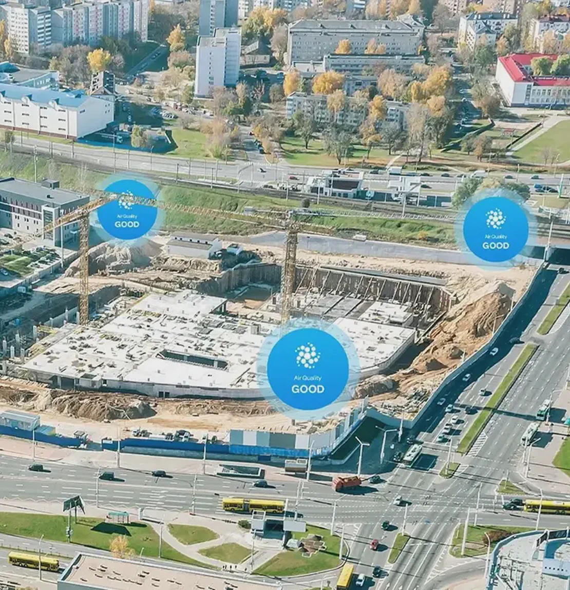 Air quality status for perimeter monitoring at a construction site in a city.