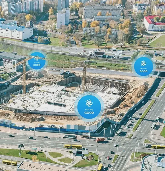 Air quality status for perimeter monitoring at a construction site in a city.