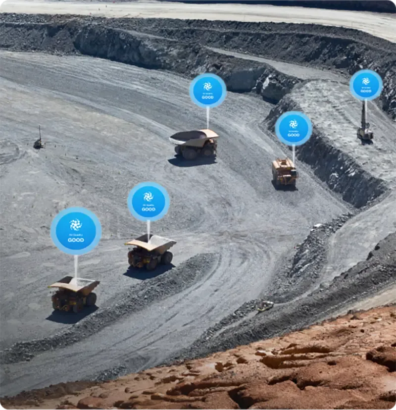 Cabin air quality monitoring status for a fleet of mining vehicles.