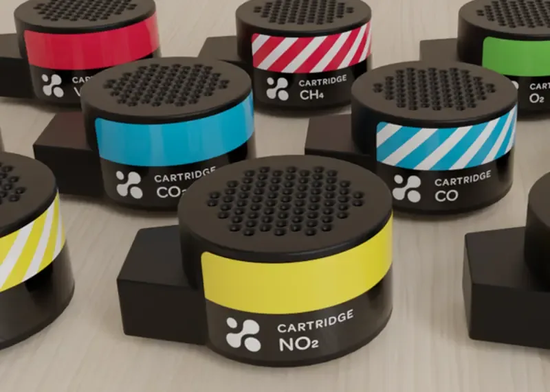 Aethair PRO gas sensor cartridges, each labelled with its gas and color band.