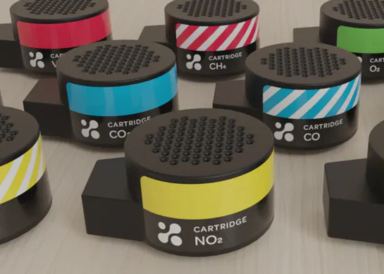 Various Aethair PRO sensor cartridges color coded for gases including NO2, CO2, VOCs, CH4, CO, and O2.