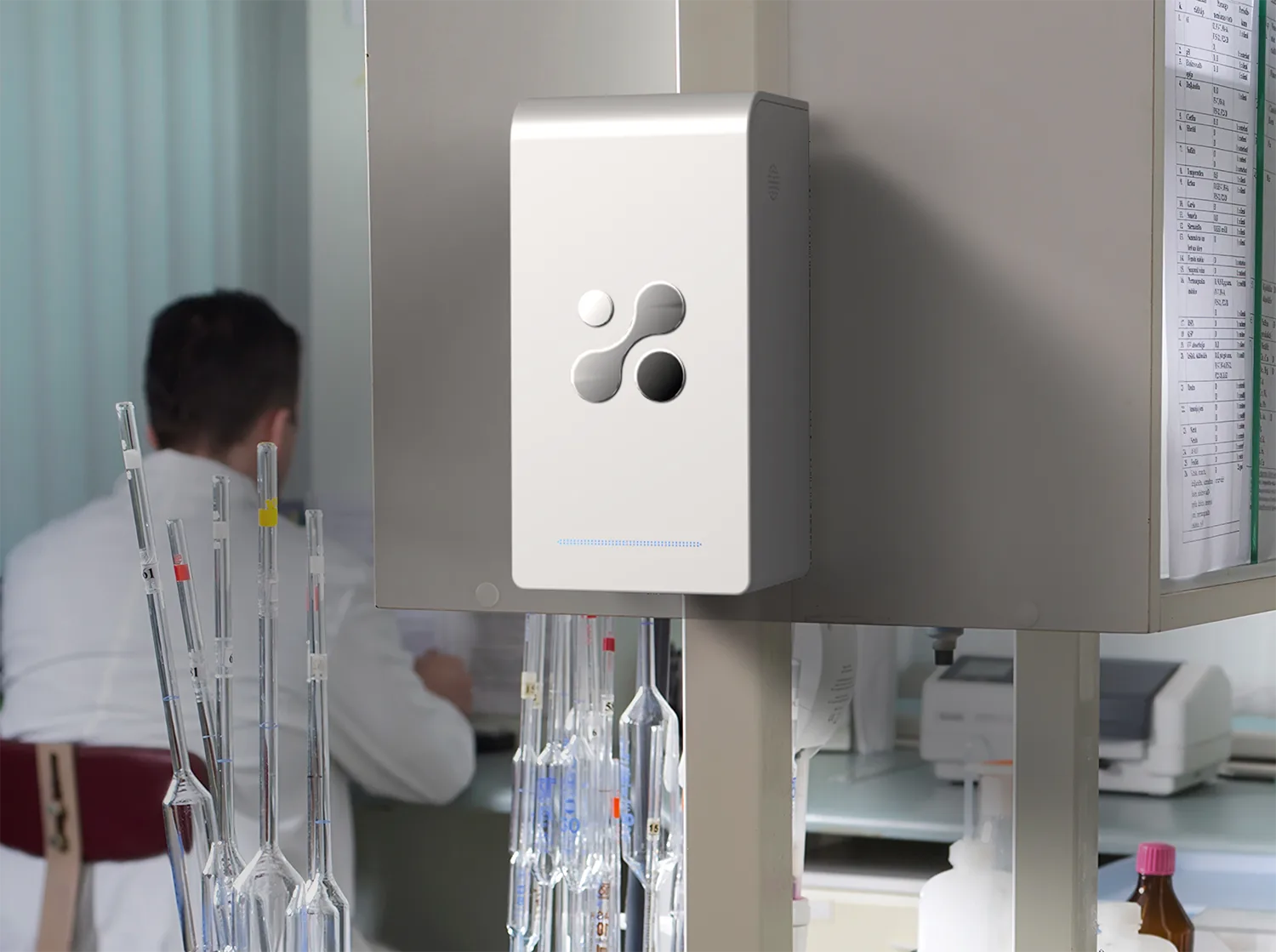 Aethair PRO mounted on a laboratory wall beside a technician at work.