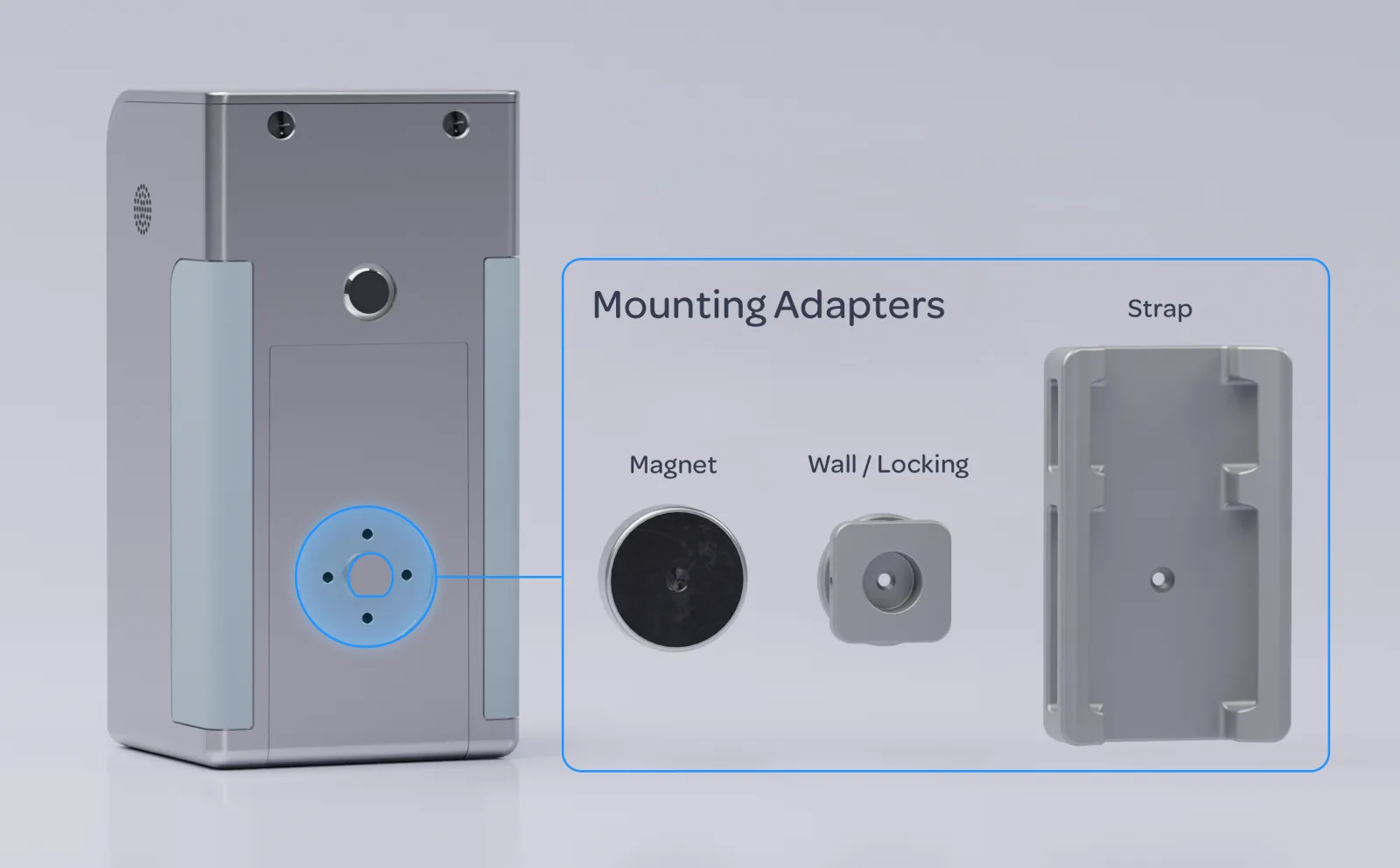 The back of an Aethair PRO with its mount highlighted, and the three adapters it takes: Magnet, Wall / Locking, and Strap.