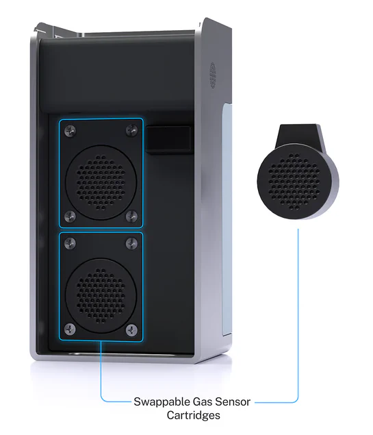 Aethair PRO with the cover removed, revealing the swappable gas sensor cartridges.
