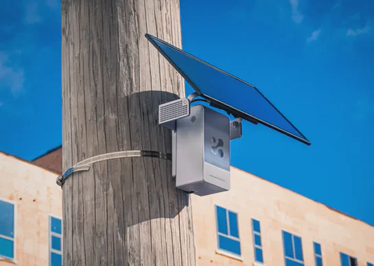 Aethair PRO with a solar panel mounted on a telephone pole.