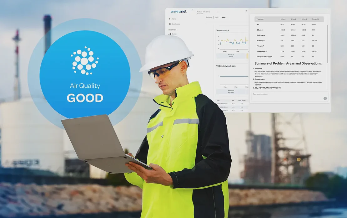 Man outdoors using a laptop to analyze an air quality report with Aethair Noesis AI environmental data assistant.