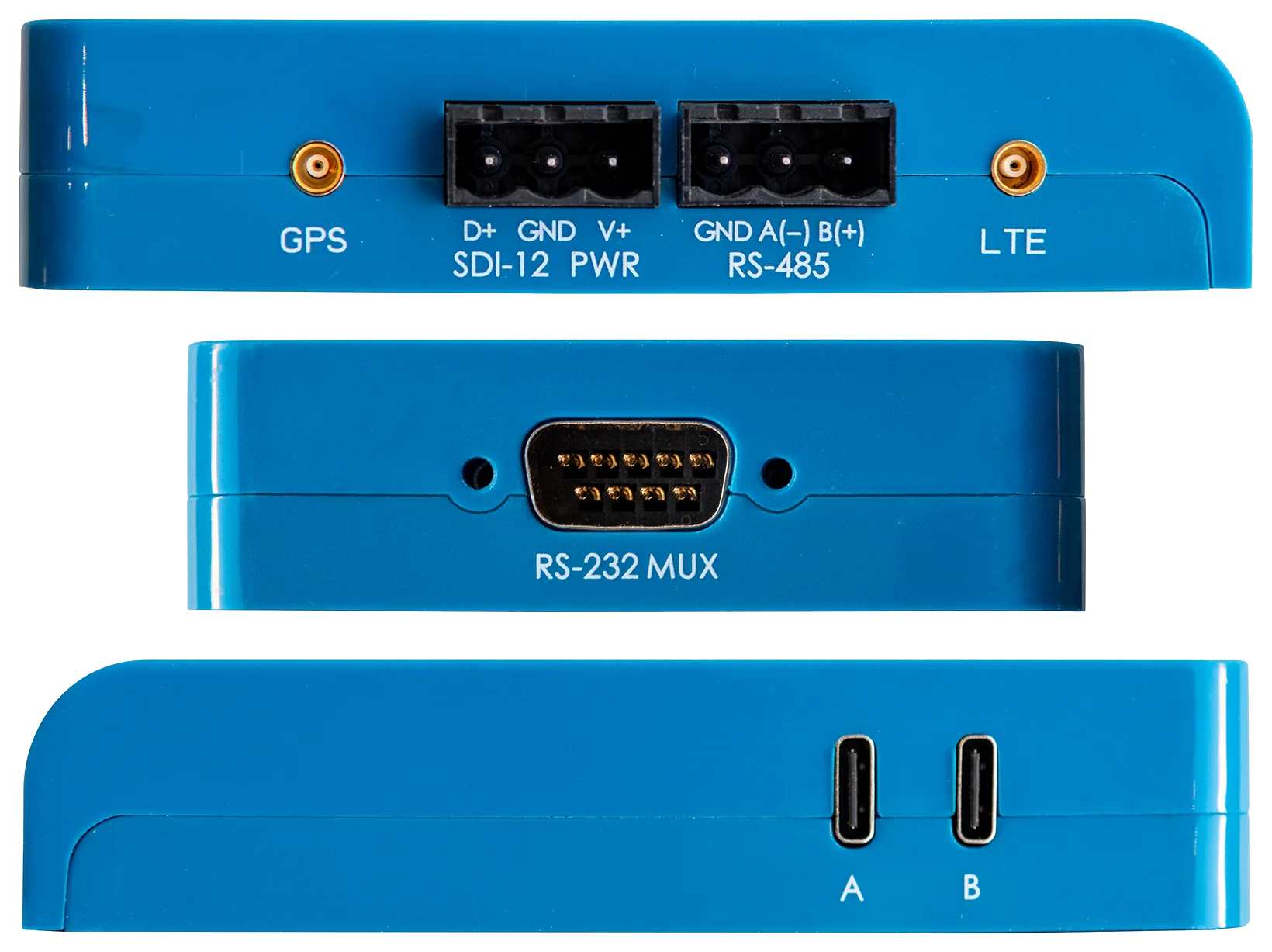 Three sides of the Thiamis gateway: the GPS antenna port, SDI-12 with power, RS-485, and the LTE antenna port; the RS-232 MUX connector; and USB-C ports A and B.