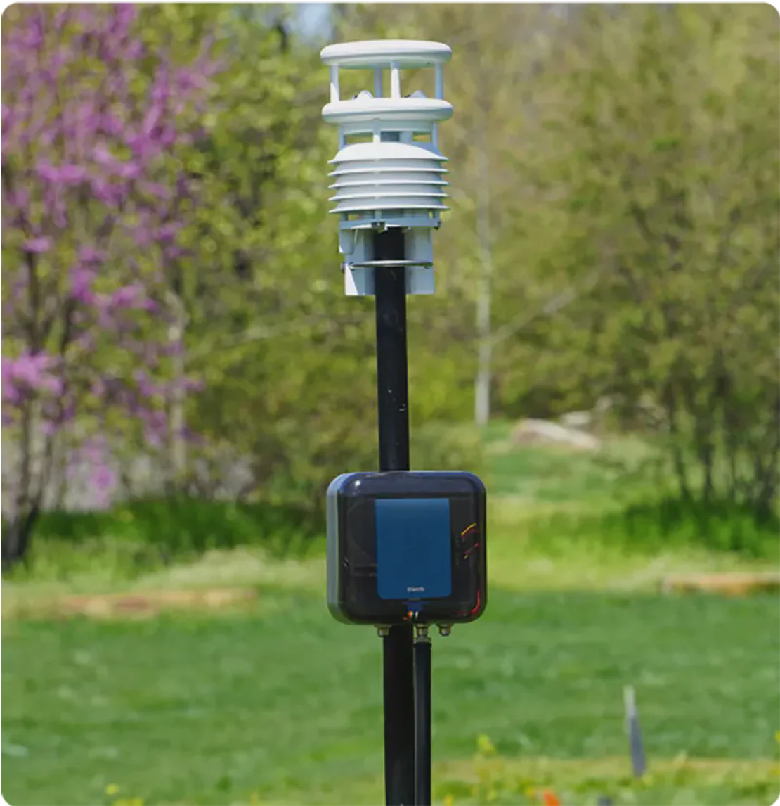 Aethair Thiamis transmitting environmental data from inside an Aethair Node enclosure connected to a weather sensor.