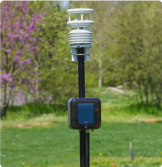 Aethair Thiamis transmitting environmental data from inside an Aethair Node enclosure connected to a weather sensor.