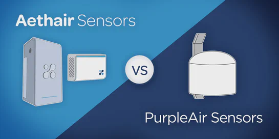 An Aethair field-grade air quality monitor beside a low-cost PurpleAir sensor, comparing professional and community air quality monitoring