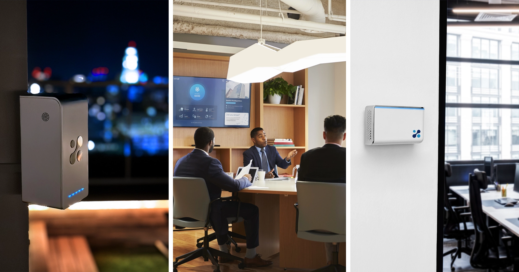 Aethair PRO deployed on a rooftop, Aethair Dashboards in a conference room, and Aethair IAQ in an office space.