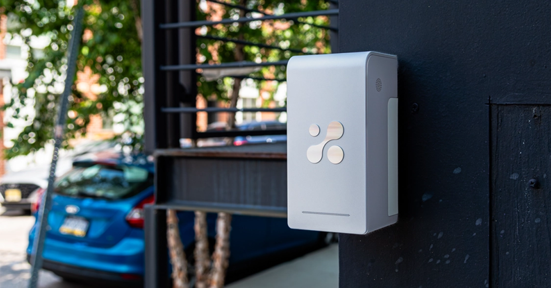 Aethair PRO mounted outside of an office, near a loading dock