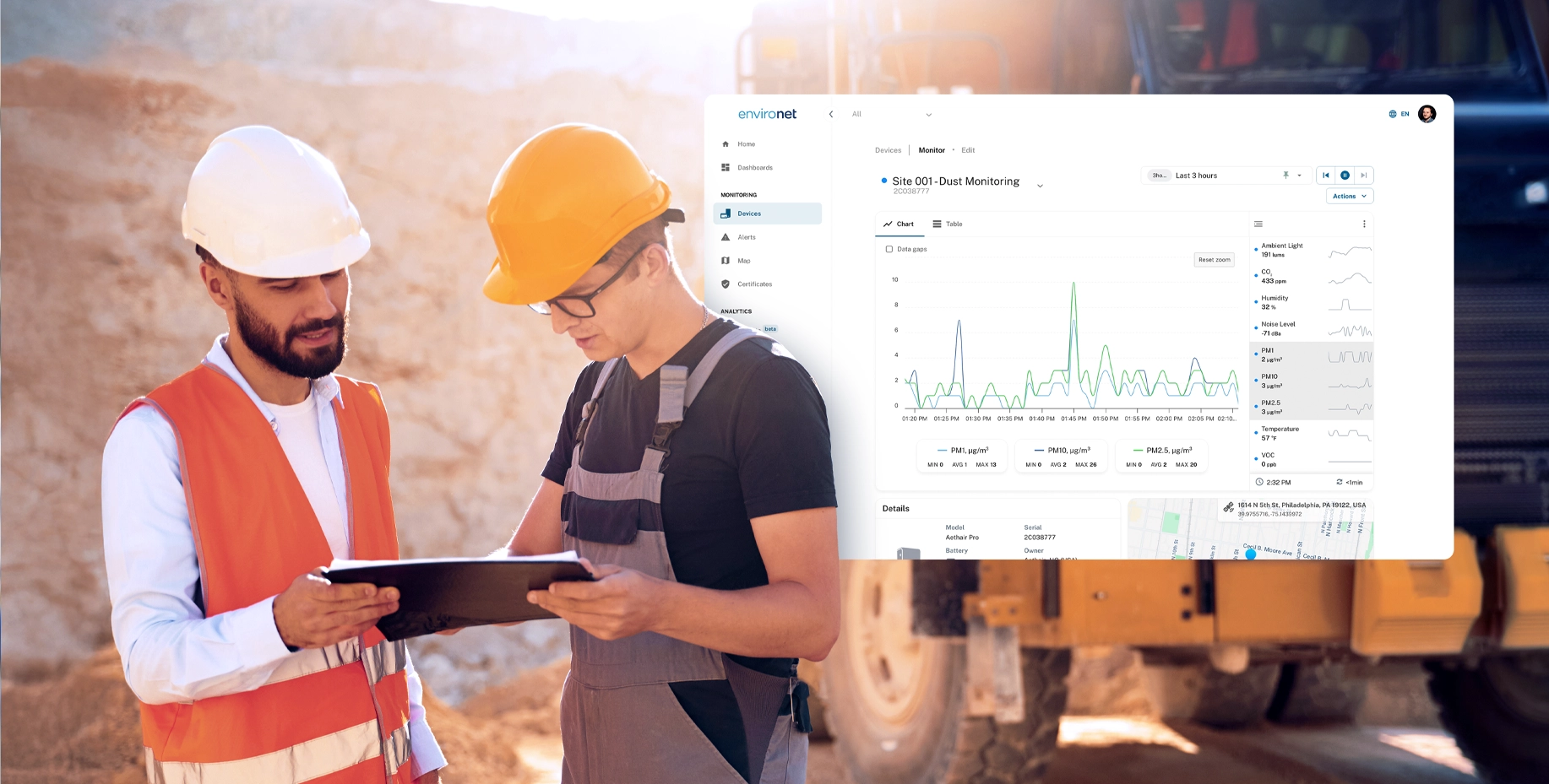 Workers at a construction site reviewing environmental data on Aethair Environet.