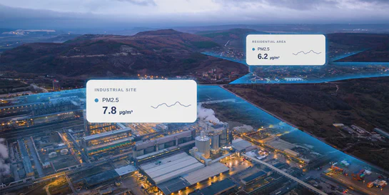 Aethair PRO ambient air quality monitoring station with meteorological sensor at an industrial site boundary
