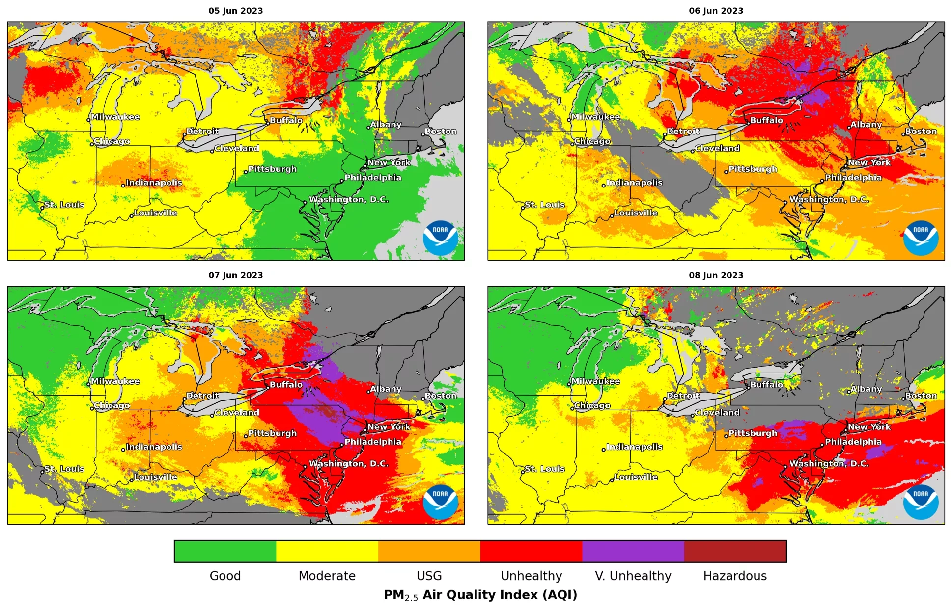 NOAA GOES-East satellite estimate of daily mean PM2.5 across the eastern US from June 5 to 8, 2023, showing widespread Unhealthy to Hazardous categories.