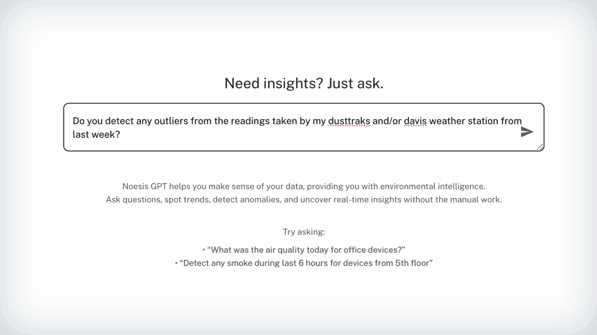 Noesis answering a plain-language query about dust monitoring setups, showing rolling averages, analysis, a sourced summary and more