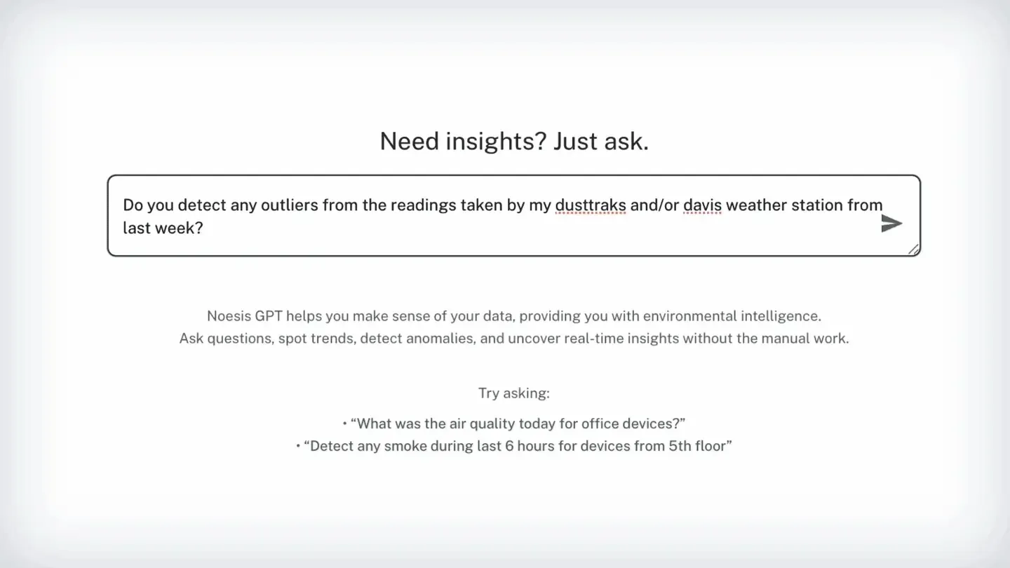 Noesis answering a plain-language query about dust monitoring setups, showing rolling averages, analysis, a sourced summary, and more