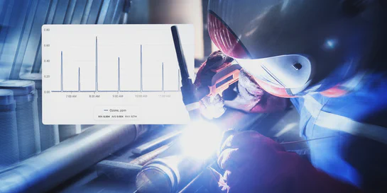 A welder striking an arc beside an Environet chart showing ozone spiking to 0.7 ppm during each weld, with the shift average far lower.