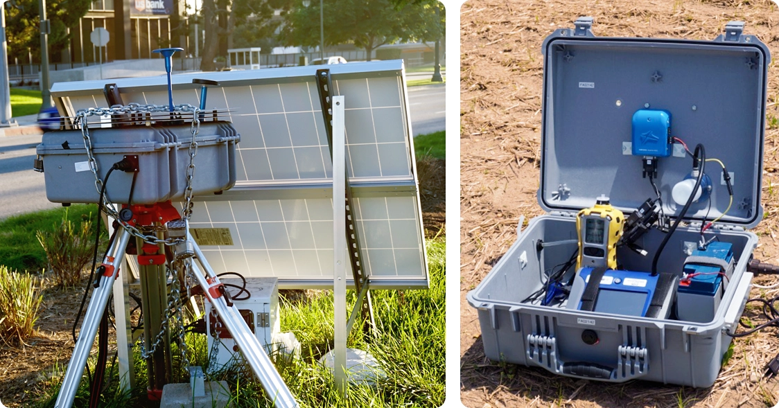 A portable pelican-case air quality monitoring kit shown closed and open, holding a dust monitor, gas detectors, and a data logger