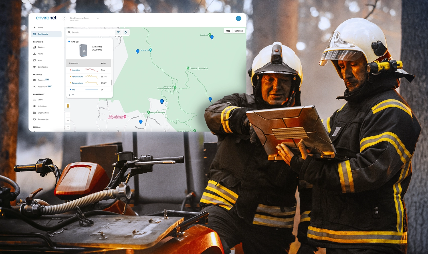 Wildfire response team looking at a laptop with the a internet browser window superimposed behind them, showing an Aethair device map on the Environet console.
