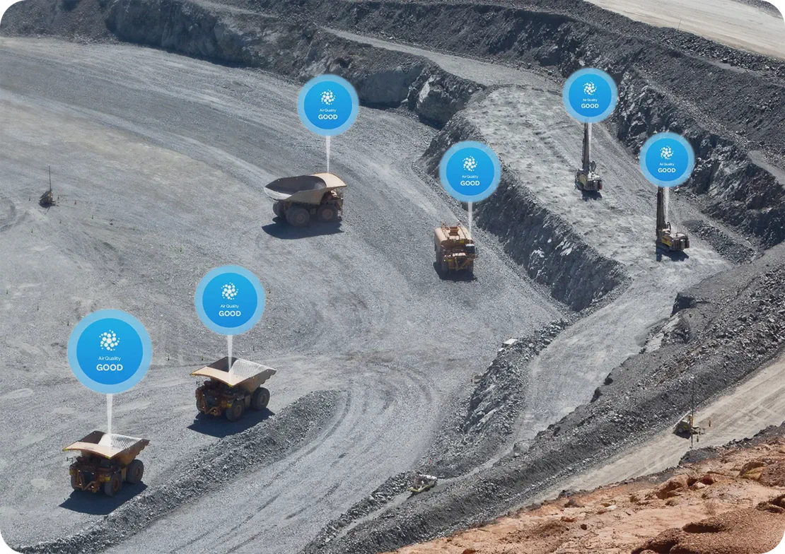 Cabin air quality monitoring status for a fleet of mining vehicles.