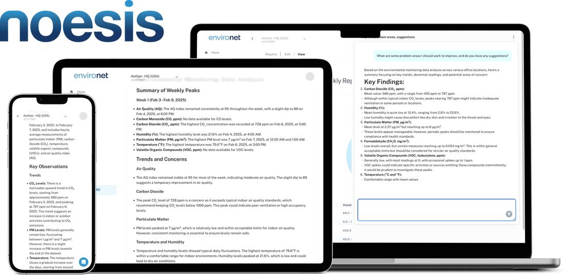 Aethair Environet with Noesis AI displayed on a phone, tablet, and laptop.