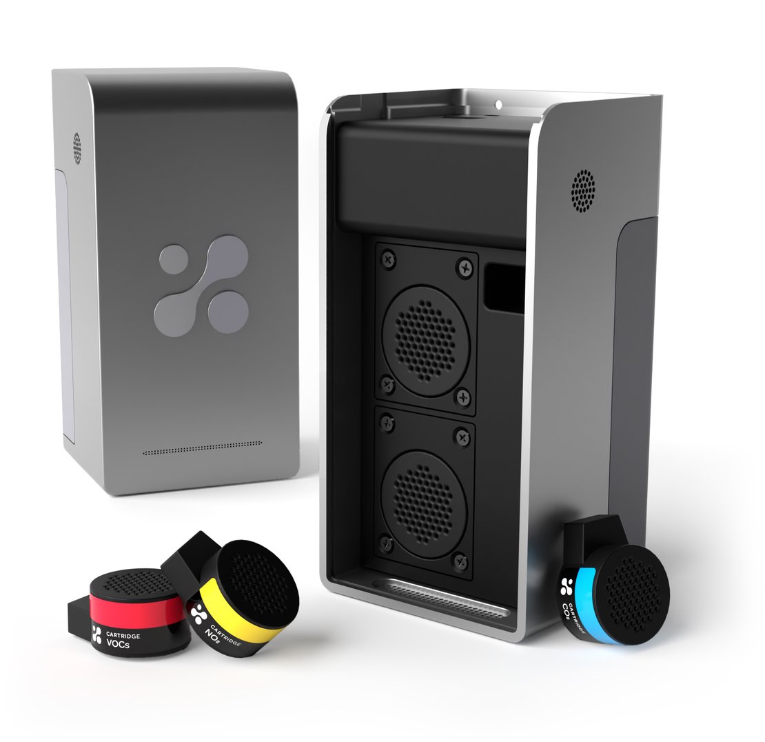 Two Aethair PRO devices with one opened and sensors placed around it.