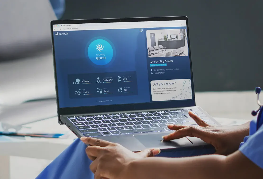 Aethair air quality dashboard displayed on a laptop.