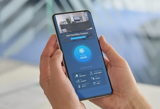 Aethair air quality dashboard displayed on a mobile phone.