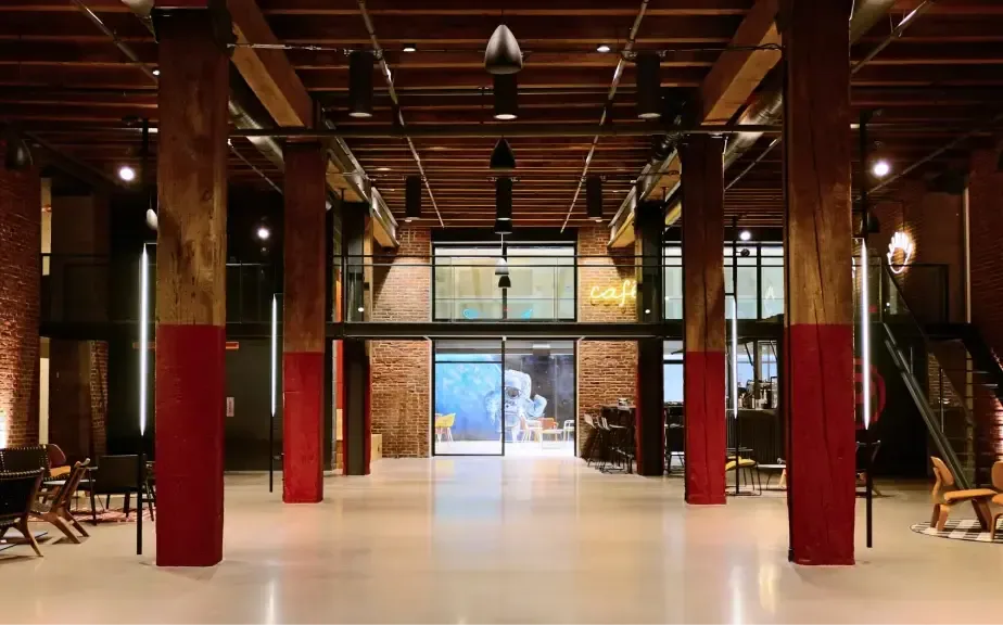 The lobby of Billy Penn Studios, an adaptive-reuse industrial building in Philadelphia monitored with Aethair IAQ.