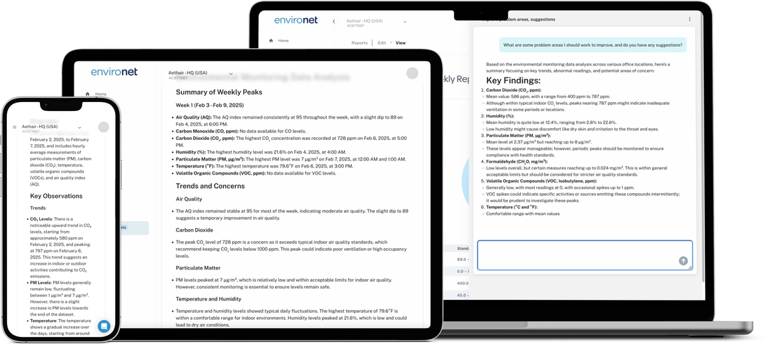 Aethair Environet with Noesis AI displayed on a phone, tablet, and laptop.