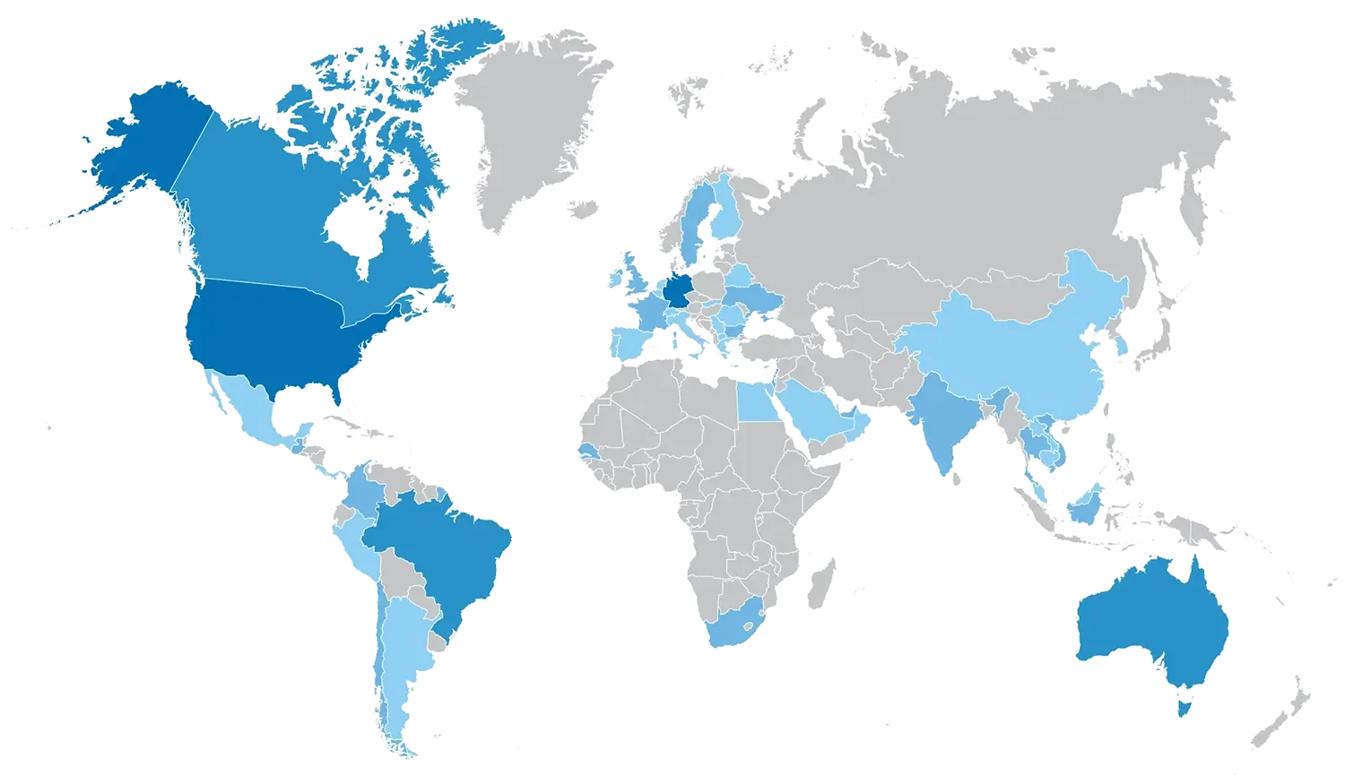 World map of Aethair deployments, shaded by country.