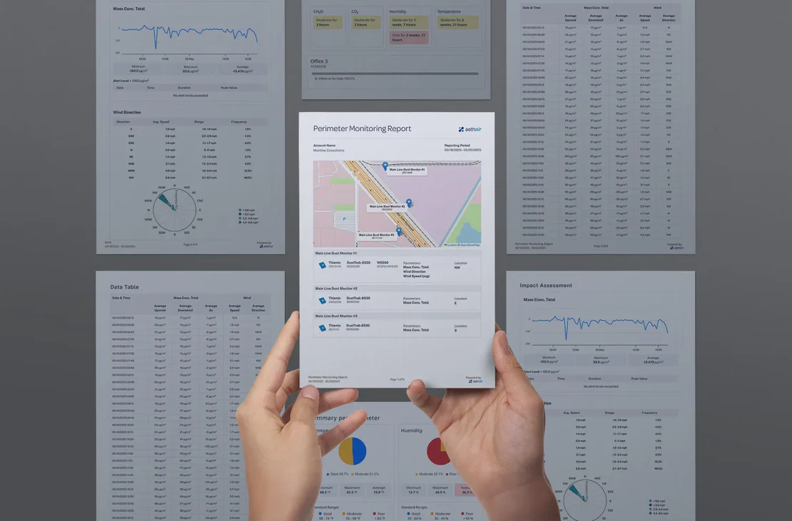 Hands holding an Aethair perimeter monitoring report with additional report pages in the background.