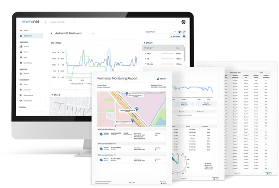 Aethair perimeter monitoring report beside an iMac displaying monitoring data and graphs in Environet.