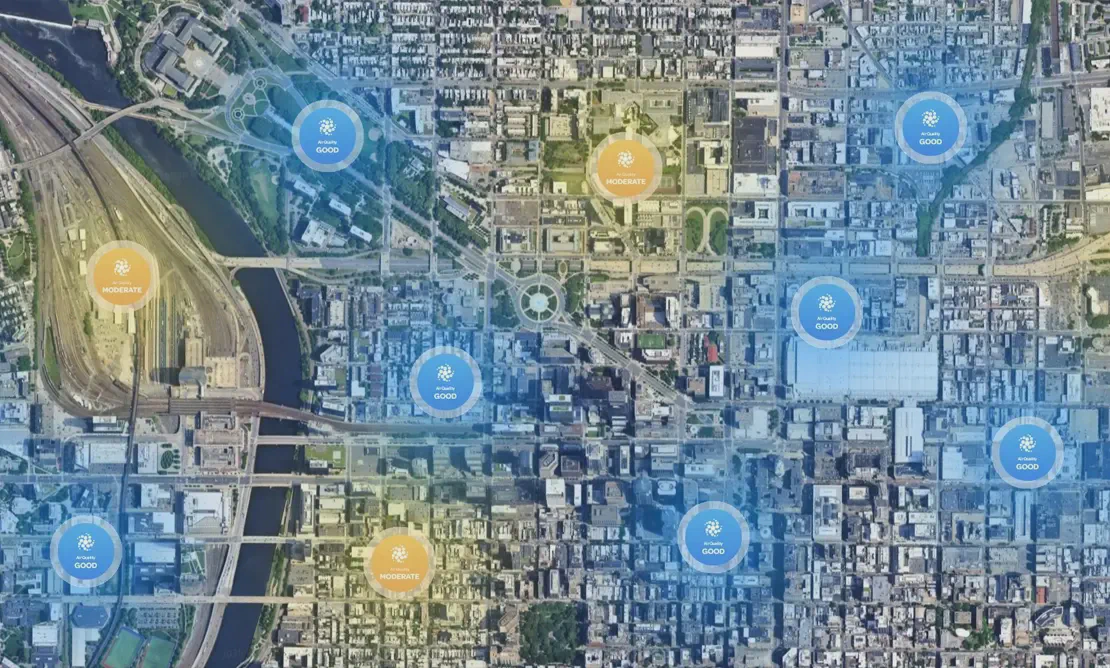 Overhead view of a city with Aethair city-wide air quality monitoring.
